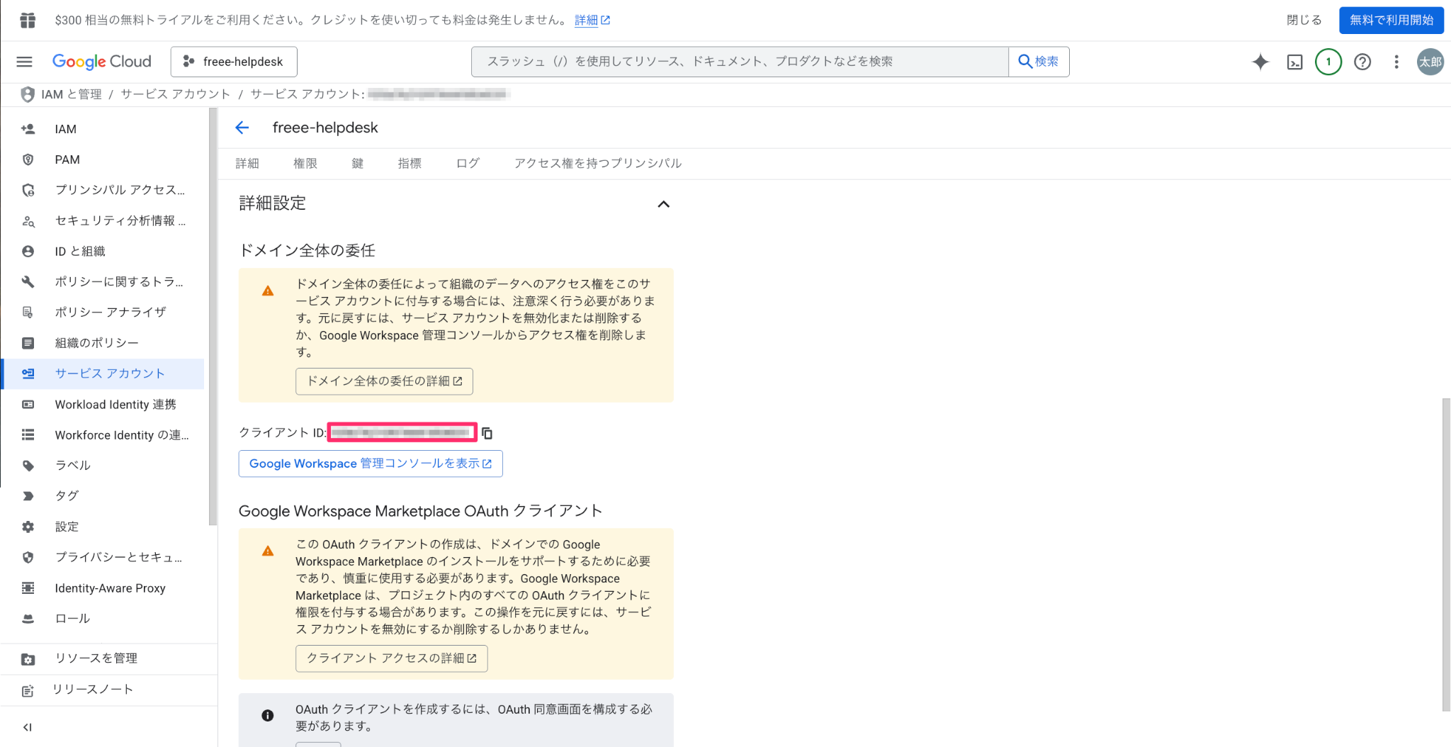 詳細設定画面の「ドメイン全体の委任」セクションの「クライアントID」を指し示しているスクリーンショット