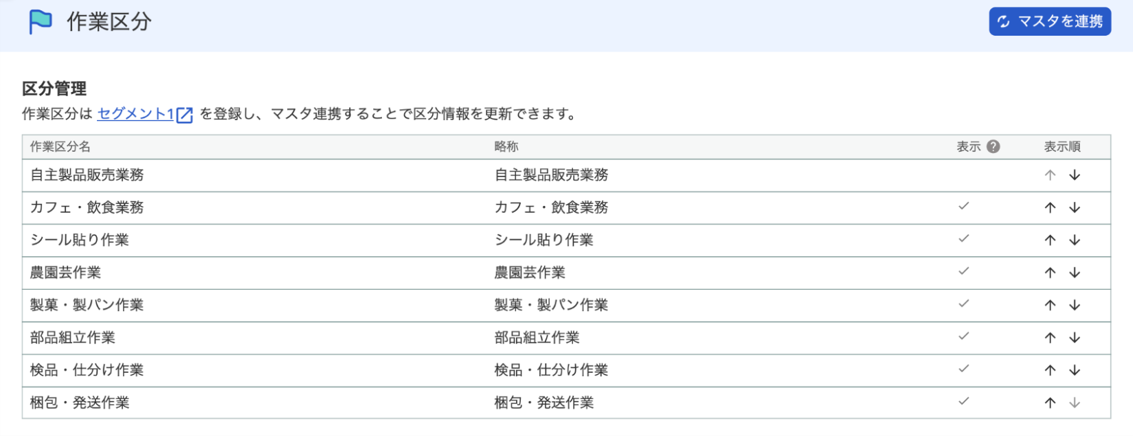 作業区分画面のスクリーンショット