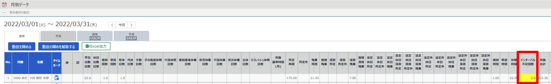 月別データ画面の「インターバル不足回数」を指し示しているスクリーンショット