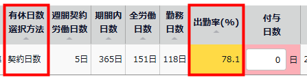 有休日数選択方法と出勤率を指し示すスクリーンショット