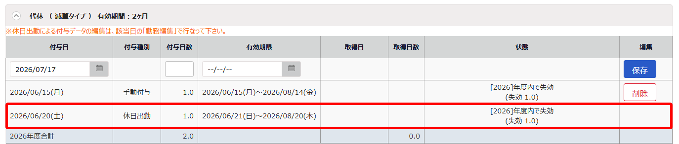 自動付与データの行を指し示すスクリーンショット