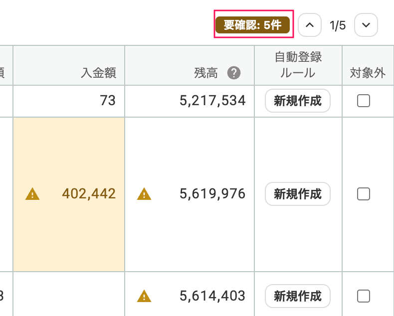 要確認アラートを指し示すスクリーンショット