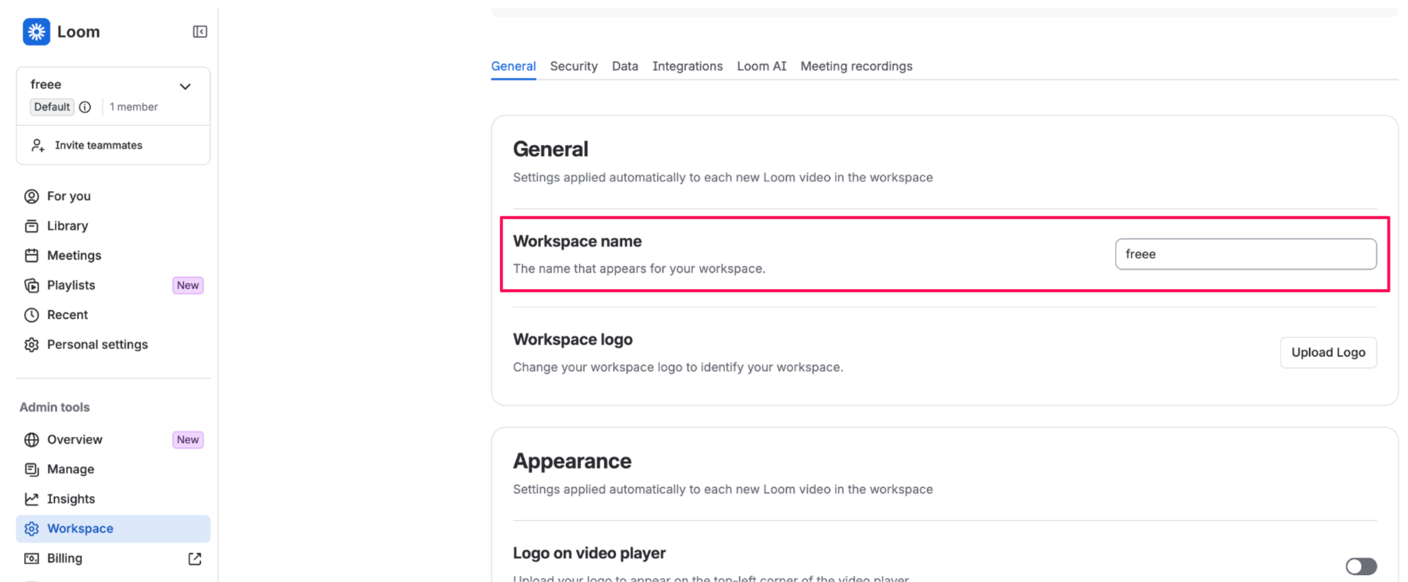 Loom画面の「Workspace name」を指し示しているスクリーンショット