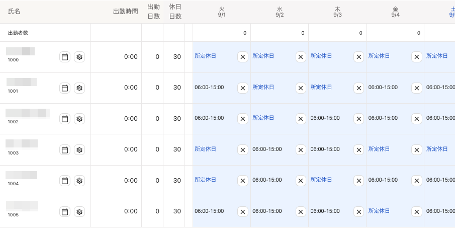 シフト表画面のスクリーンショット