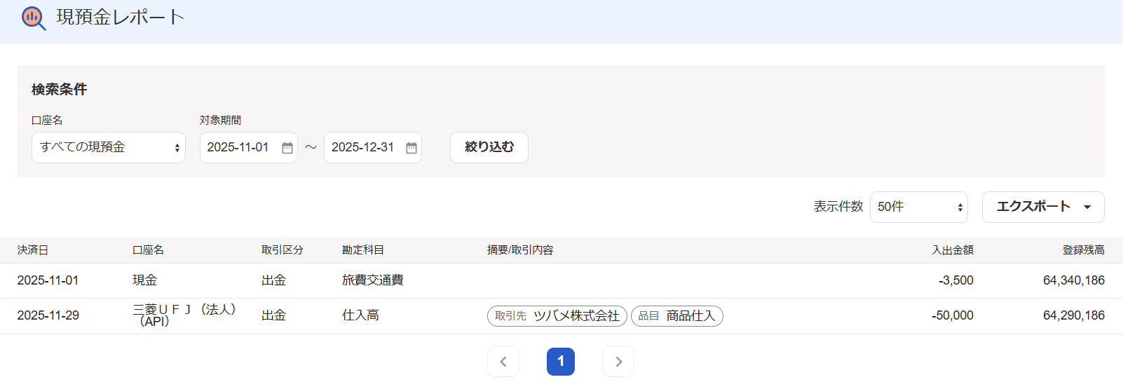 現預金レポートのスクリーンショット