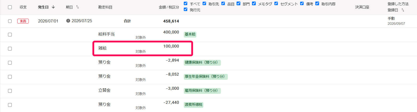 雑給を指し示すスクリーンショット