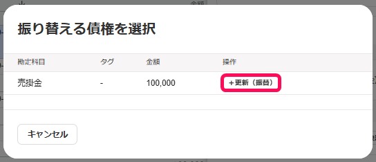 ＋更新（振替）ボタンを指し示すスクリーンショット