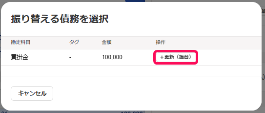 ＋更新（振替）ボタンを指し示すスクリーンショット