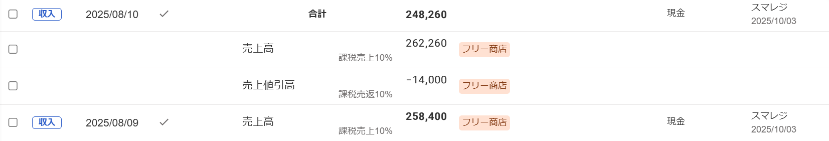 スマレジから登録した取引画面のスクリーンショット