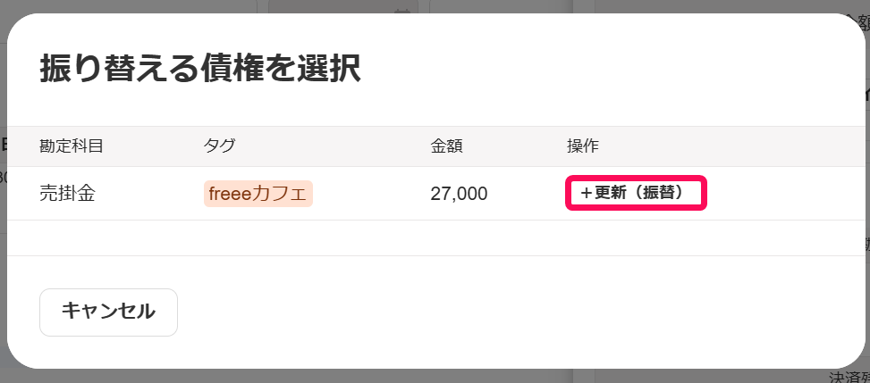 ＋更新（振替）ボタンを赤枠で囲っている画面のスクリーンショット