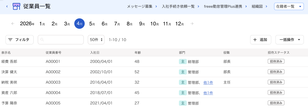 従業員一覧画面のスクリーンショット
