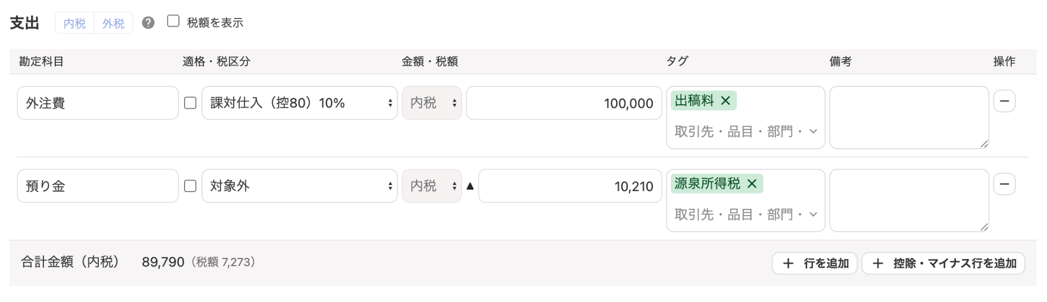 報酬を支払ったときの取引登録画面のスクリーンショット