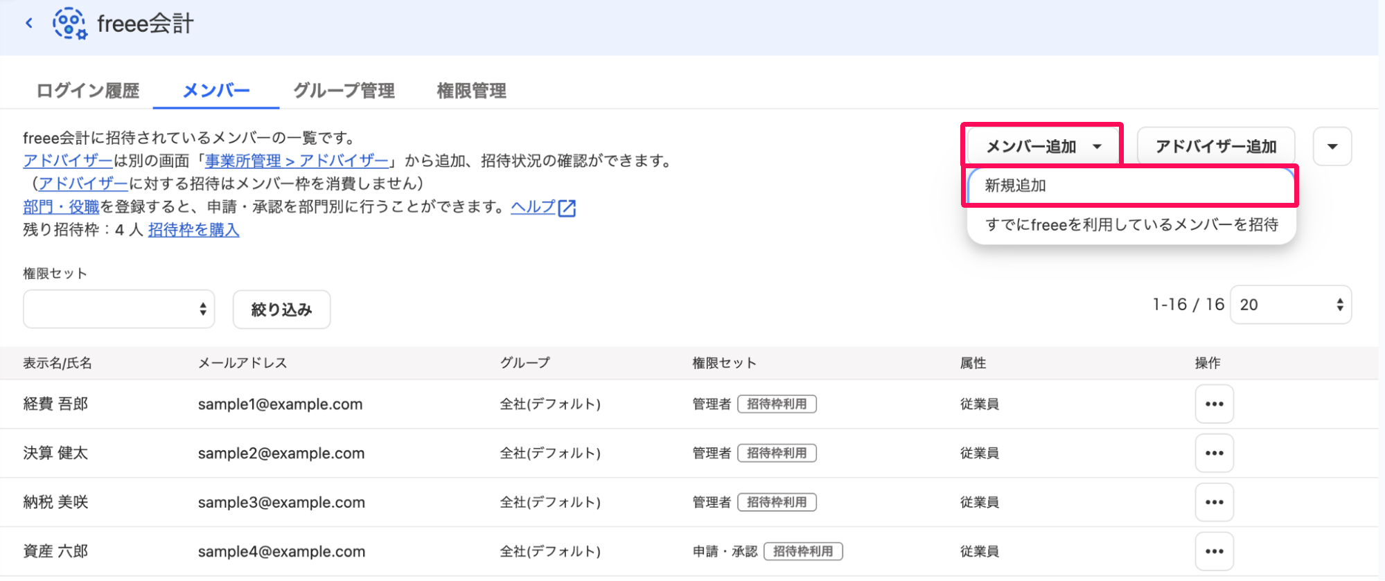 freeeアカウント管理のfreee会計画面で［メンバー追加］ボタン→［新規追加］を指し示しているスクリーンショット
