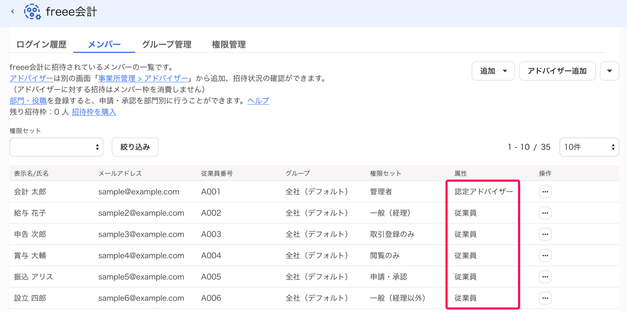 アカウント管理のfreee会計画面で［メンバー］タブで属性の行を指し示すスクリーンショット