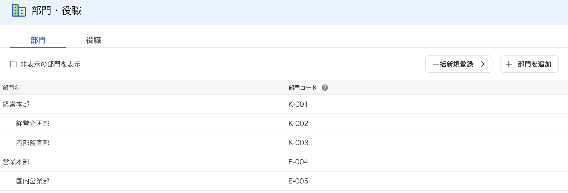 部門・役職画面のスクリーンショット