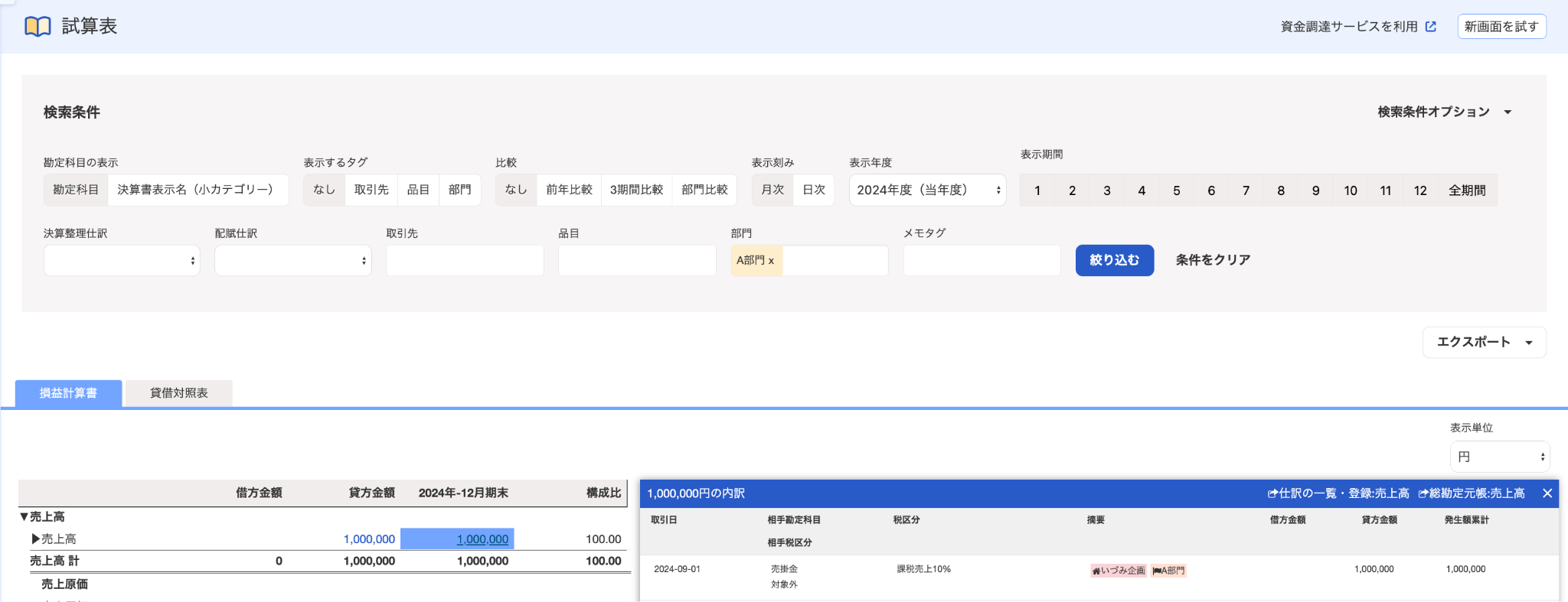 損益計算書画面のスクリーンショット