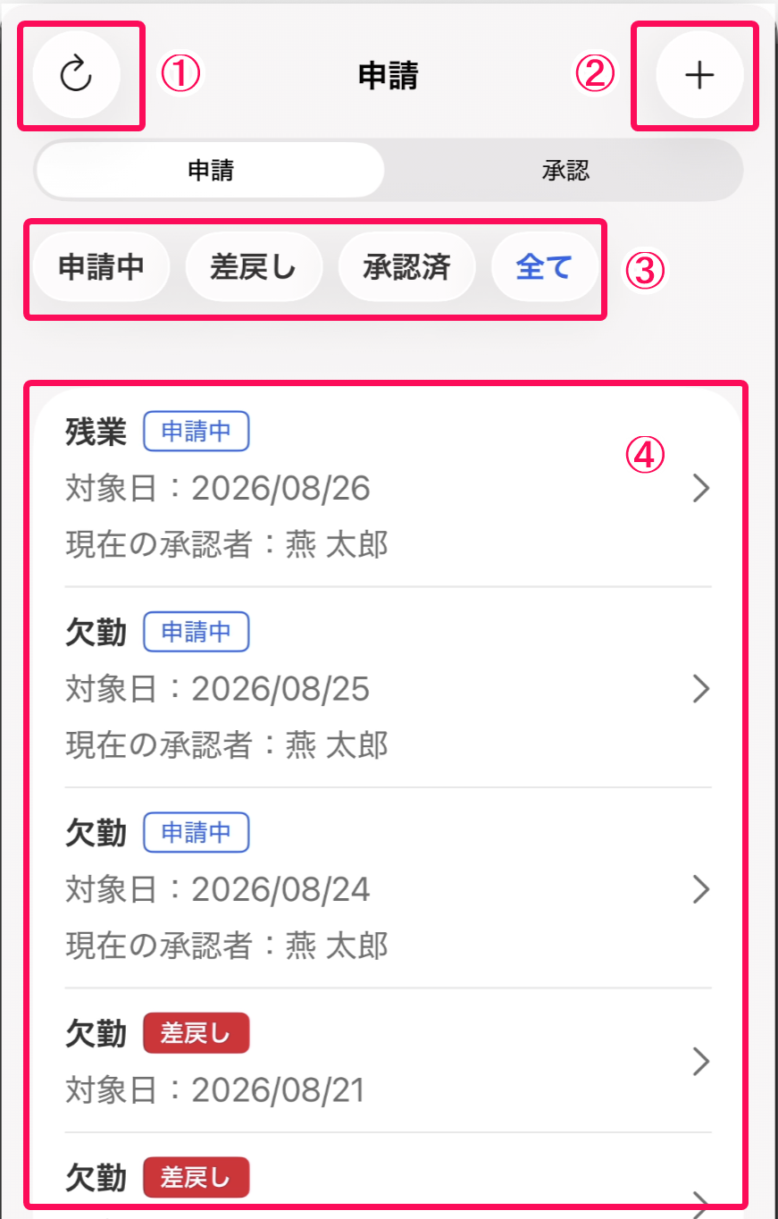 申請タブ画面のスクリーンショット