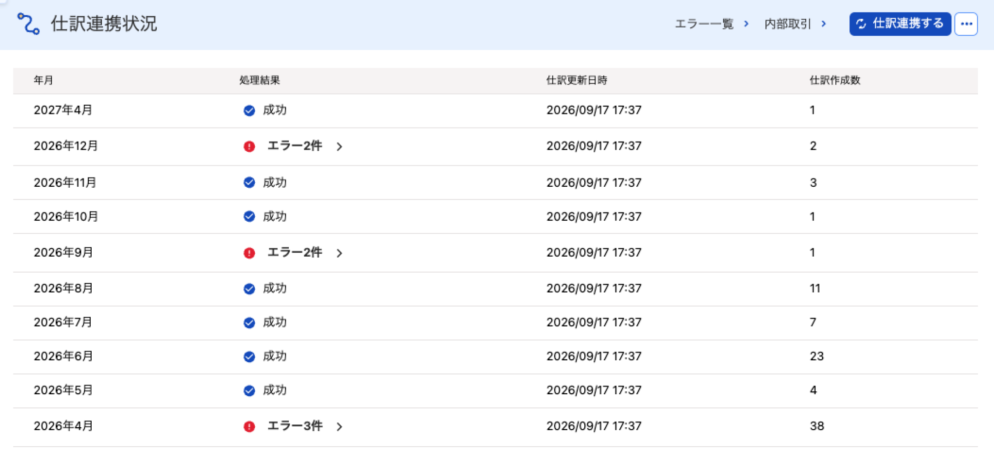 仕訳連携状況画面のスクリーンショット