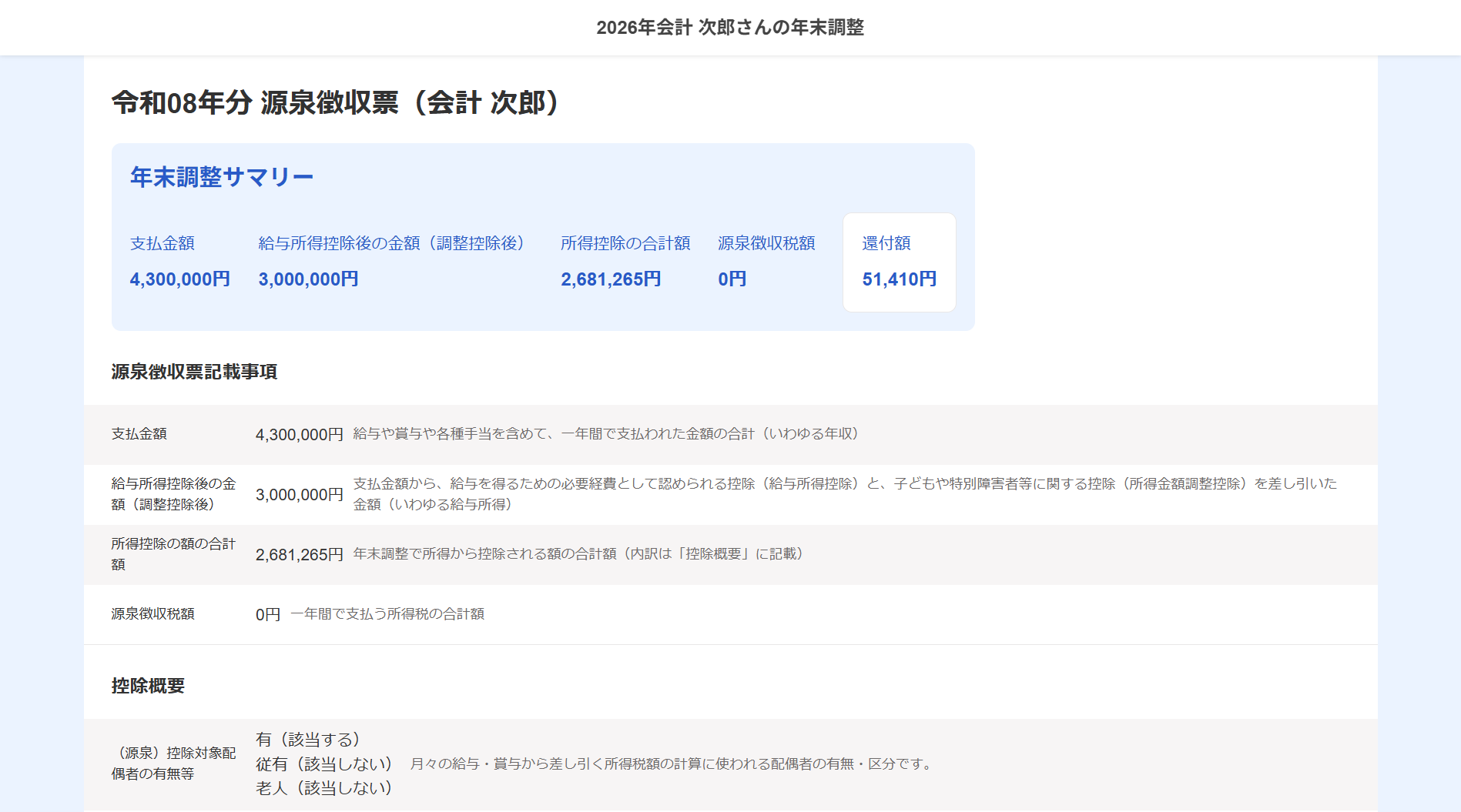 源泉徴収票のWEB上での確認画面のスクリーンショット