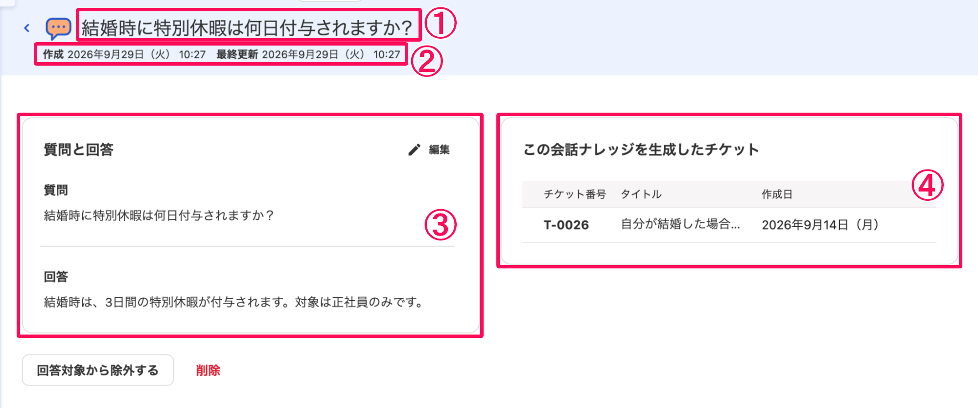 会話ナレッジの詳細画面のスクリーンショット
