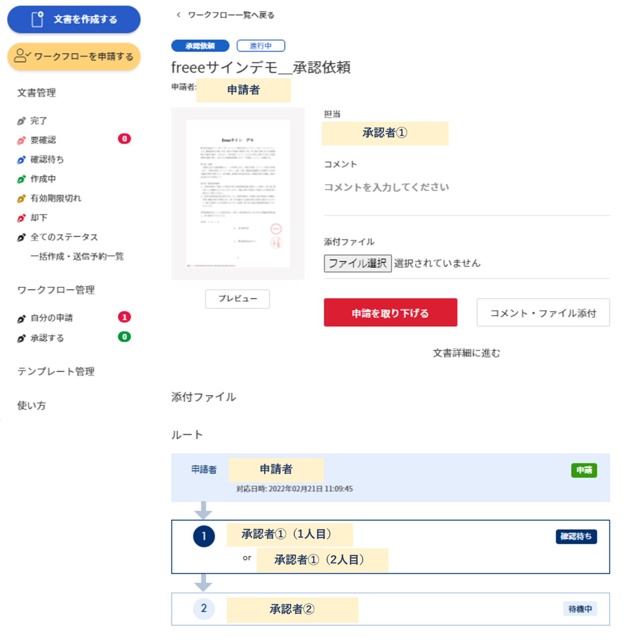 ワークフローの申請画面