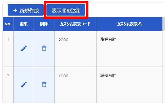 カスタムデータ項目設定画面の［表示順を登録］ボタンを指し示しているスクリーンショット