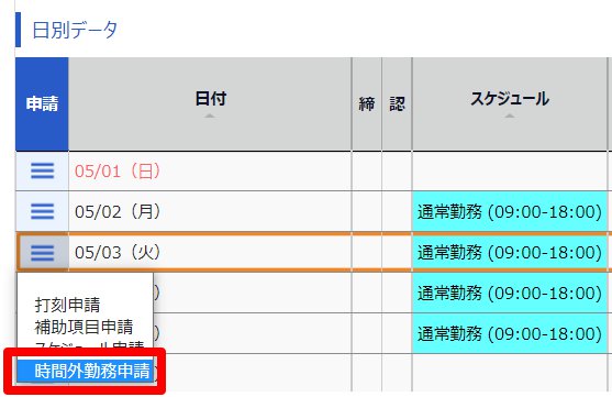 タイムカード画面の［時間外勤務申請］を指し示しているスクリーンショット