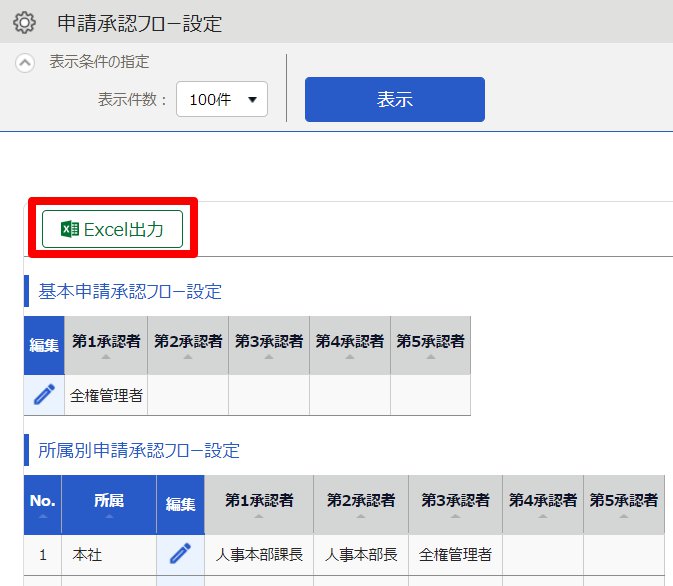申請承認フロー設定画面の［Excel出力］ボタンを指し示しているスクリーンショット