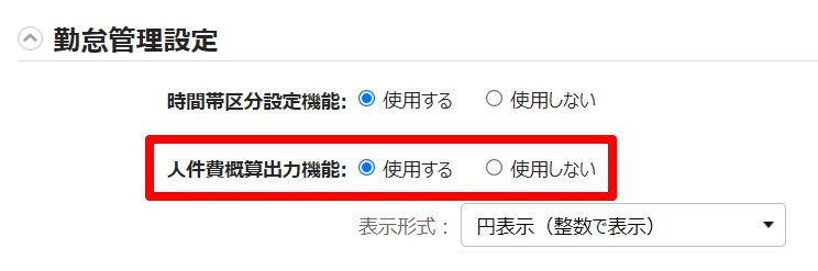 オプション画面の「人件費概算出力機能」を指し示しているスクリーンショット