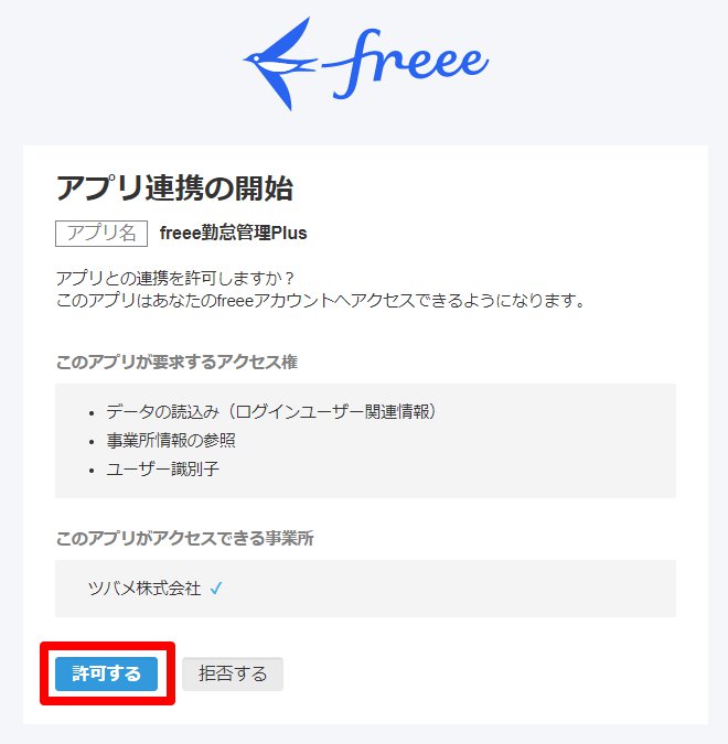 アプリ連携の開始画面の［許可する］ボタンを指し示しているスクリーンショット