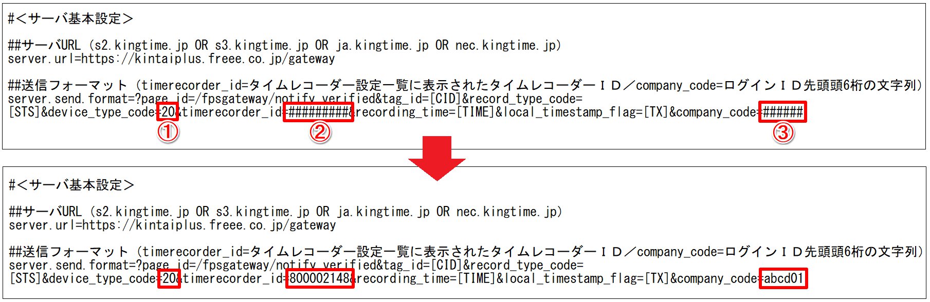 【freee勤怠管理Plus】所属設定用_Provider.txtの「サーバ基本設定」部分のスクリーンショット