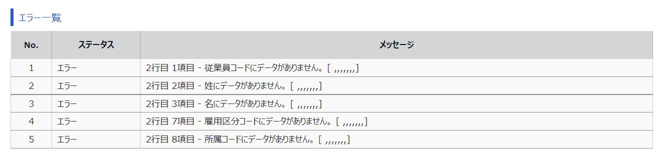 従業員データ入力確認画面の「エラー一覧」箇所のスクリーンショット