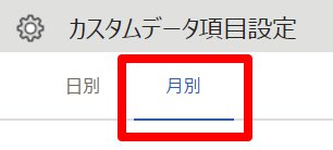 カスタムデータ項目設定画面の「月別」タブを指し示しているスクリーンショット