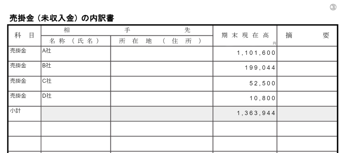 売掛金（未収入金）の内訳書のスクリーンショット