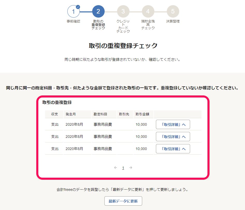 取引の重複登録一覧チェック画面のスクリーンショット