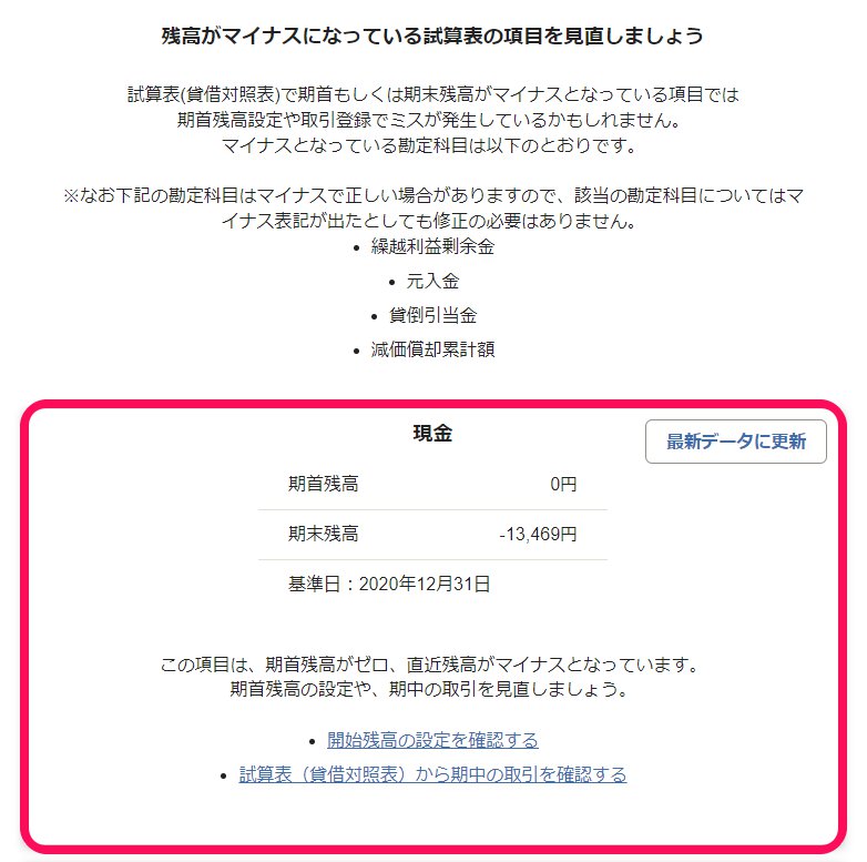 「残高がマイナスになっている試算表の項目を見直しましょう」画面のスクリーンショット