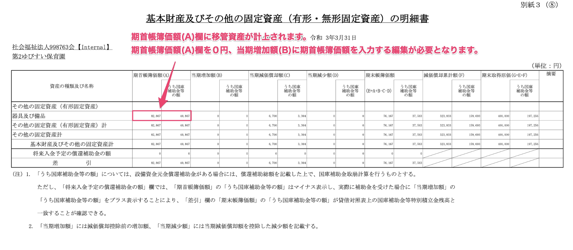 「基本財産及びその他の固定資産（有形・無形固定資産）の明細書」画面のスクリーンショット