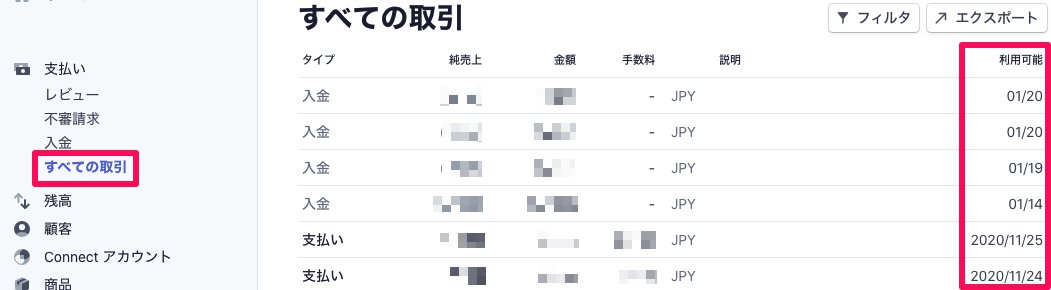 Stripe画面左側の［すべての取引］タブから「利用可能」箇所を指し示しているスクリーンショット
