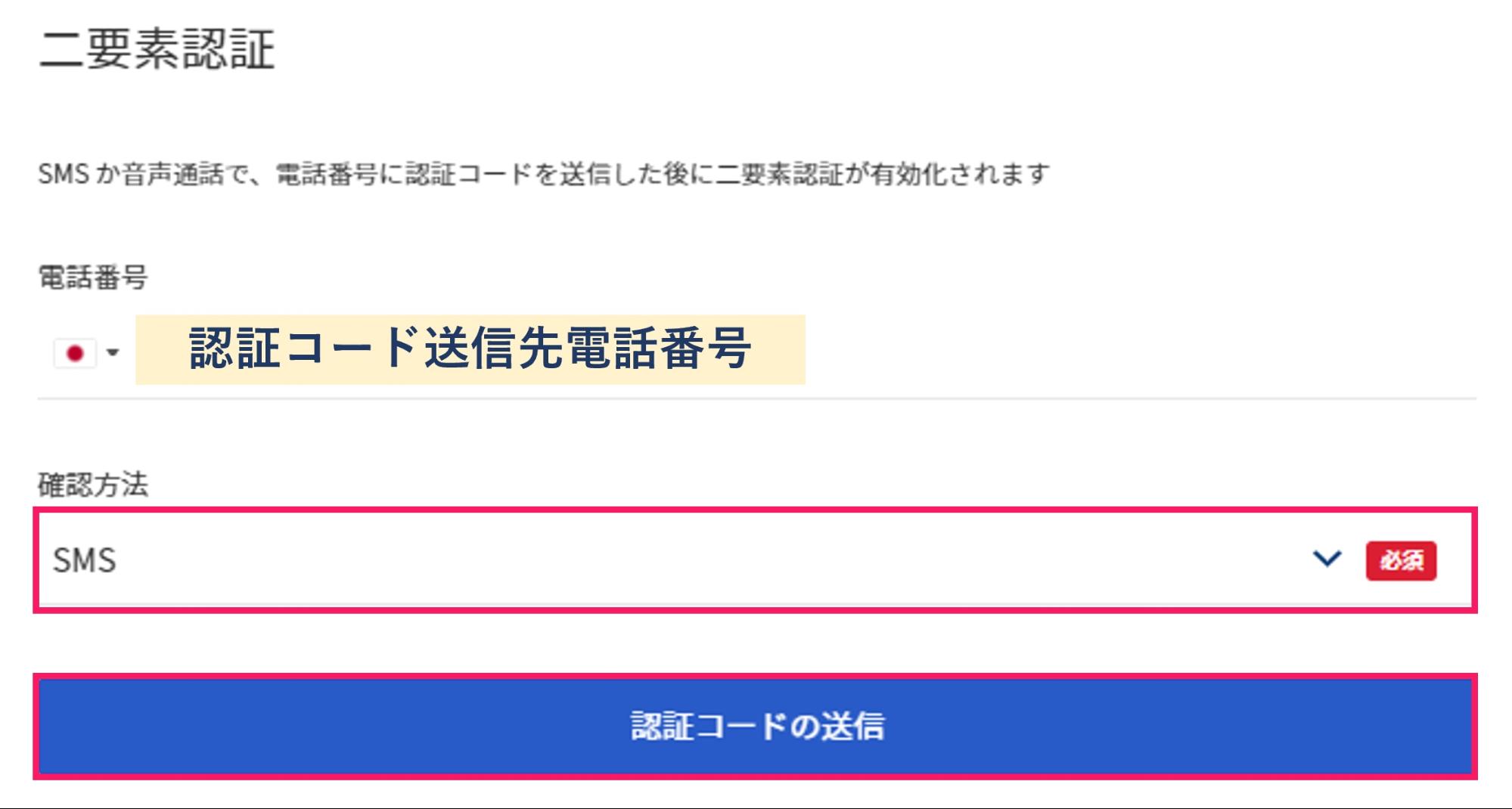 認証コードの送信を指し示すスクリーンショット