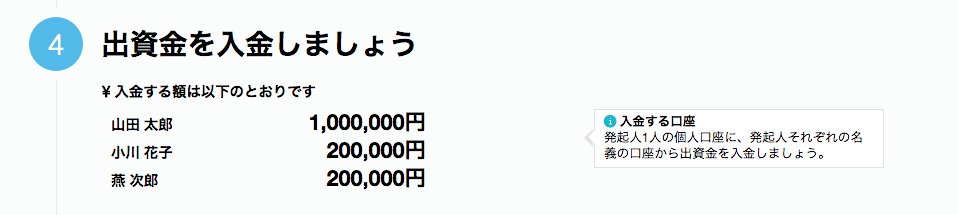 「出資金を入金しましょう」カードのスクリーンショット